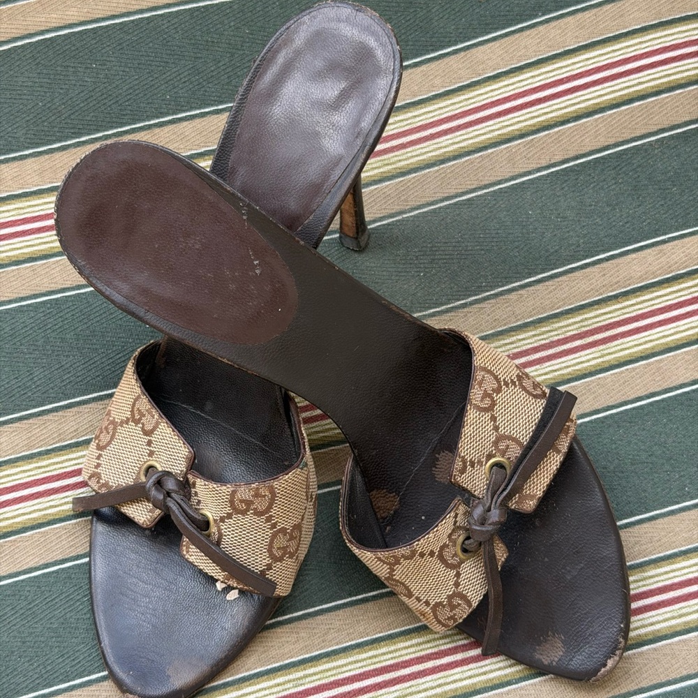 Gucci Brown Canvas Monogram Knot Slide Heels
